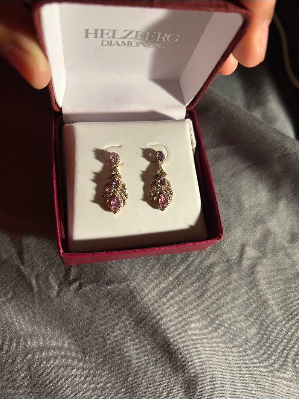 Helzberg Diamonds Gold Drop Earrings with Pink Stones